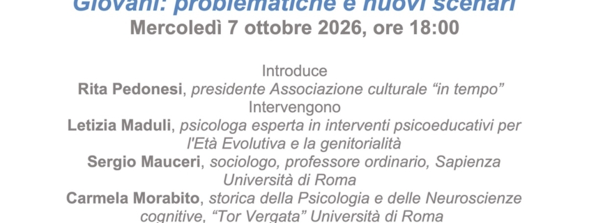 Locandina della mostra e dell’incontro Giovani: problematiche e nuovi scenari, secondo appuntamento del ciclo Mutamenti e prospettive future dell’Associazione culturale in tempo, presso Plus Arte Puls a Roma.