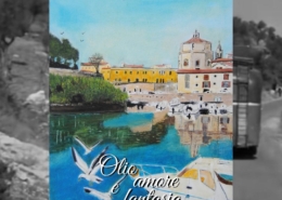 Giuseppe Geloso, veduta della Fortezza Nuova e della Chiesa di Santa Caterina riflesse nei fossi di Livorno, con barche e gabbiani sull’acqua azzurra.