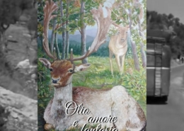 Giuseppina Gallo, I daini, dipinto con due daini immersi nella vegetazione di un bosco illuminato dalla luce. Olio, amore e fantasia mostra d'arte contemporanea alla Melograno Art Gallery di Livorno