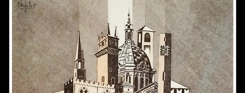 Locandina della mostra retrospettiva dedicata a Panfilo Di Giacomo, Il cerchio e le geometrie: l’occhio di PANFILO su Mantova e i suoi antichi mestieri, alla Galleria Arianna Sartori di Mantova.