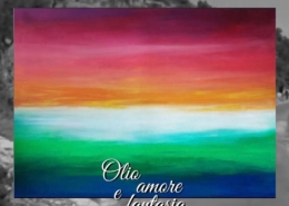 Riccardo Cervelli, Cromie, paesaggio astratto composto da fasce di colore verde, azzurro, rosso, arancio e viola. Olio, amore e fantasia mostra d'arte contemporanea alla Melograno Art Gallery di Livorno