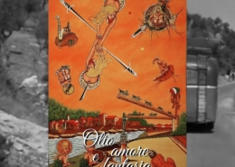 Sergio Franceschi, Senza titolo, composizione visionaria con figure umane, formiche, un lupo e un sassofono su uno sfondo arancio e rosso. Olio, amore e fantasia mostra d'arte contemporanea alla Melograno Art Gallery di Livorno