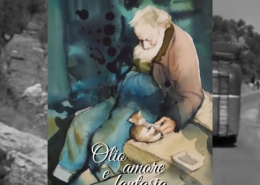 Taichi Ichikawa, uomo anziano con barba e capelli bianchi seduto accanto a un piccolo gatto, in una composizione dalle tonalità blu, verdi, turchesi, ocra e brune.
