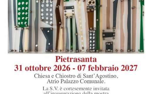 Locandina della mostra Apuane meccaniche di Tano Pisano, in programma al complesso di Sant’Agostino a Pietrasanta dal 31 ottobre 2026 al 7 febbraio 2027.
