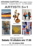 Locandina della mostra ARTISTI 5+1 alla Galleria Arianna Sartori di Mantova con opere di Walter Accigliaro, Bruno Azzini, Vanni Bellea, Edda Caselli, Laura Pozzi e Serenella Sossi