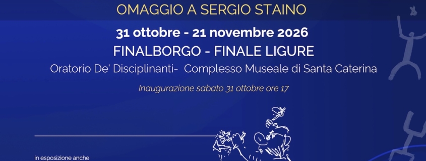 Locandina della mostra Bobo e la Valle dei Segni. Omaggio a Sergio Staino ai Chiostri di Santa Caterina a Finalborgo, con un percorso tra le vignette di Bobo, le incisioni rupestri della Valle Camonica e le opere di Marco Nereo Rotelli.