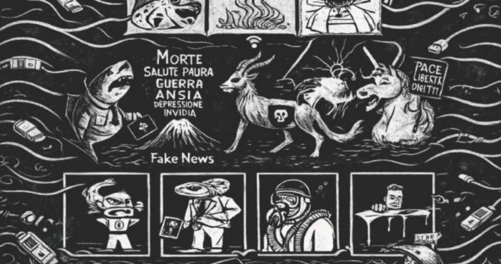 Copertina del libro illustrato “Bestiario Acquatico Digitale Contemporaneo” di Danilo Massafra, opera che intreccia immaginario medievale, allegoria filosofica e critica della società digitale, esplorando le trasformazioni dell’essere umano nell’era tecnologica.
