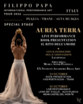 Locandina dello Special Stage Puglia dell’International Performance Art Tour 2026 di Filippo Papa, con la presentazione del libro Il Rito dell’Amore a Trani e la live performance Aurea Terra nell’Alta Murgia, nei pressi di Castel del Monte.