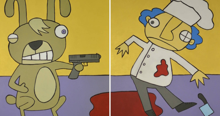 Opere pop di Francesco Diotallevi, pittore e artista marchigiano, caratterizzate da colori vivaci, animali antropomorfi, personaggi ironici e immagini dalla forte carica satirica.