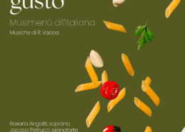 Locandina dell’evento Note di gusto. Musimenù all’italiana, progetto musicale della compositrice Roberta Vacca, proposto da Identità Musicali alla Fondazione La Rocca, in via R. Paolucci 71 a Pescara. Appuntamento giovedì 15 ottobre 2026 alle ore 18. In scena Rosaria Angotti al soprano, Jacopo Petrucci al pianoforte e Gianluca Ruggeri con una batteria realizzata con oggetti da cucina. Ingresso libero, prenotazione consigliata.