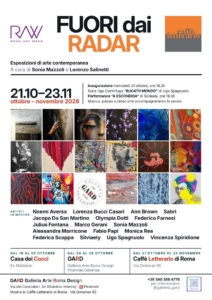 Locandina delle mostre “Così all’improvviso” di Sonia Mazzoli e “Fuori dai Radar”, progetto collettivo itinerante alla Galleria GARD e al Caffè Letterario di Roma per Rome Art Week 2026.