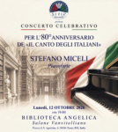 Stefano Miceli, pianista e direttore d’orchestra, protagonista del concerto celebrativo per gli 80 anni dell’adozione provvisoria del Canto degli Italiani come Inno nazionale della Repubblica Italiana. L’evento si terrà il 12 ottobre 2026 alle ore 19 nella Sala Vanvitelliana della Biblioteca Angelica di Roma, con la partecipazione del tenore Aldo Caputo.