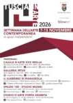 Locandina di Tuscia in Arte 2026, prima Settimana dell’Arte Contemporanea in spazi indipendenti, in programma dal 7 al 15 novembre a Sutri, Calcata e Bassano Romano. Il progetto coinvolge cinque spazi espositivi con mostre personali, collettive, installazioni e proposte artistiche.